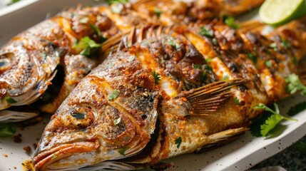 Close-up of a well-arranged dish of fried gourami fish, crispy and golden, with a garnish of cilantro and lime