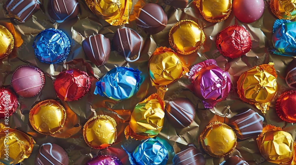 Poster Close-up view of various types of vibrant, colorful chocolates with shiny wrappers spread out. Generative AI