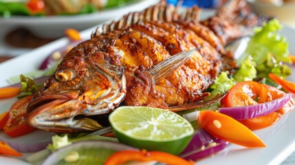 Crispy fried gourami fish on a white plate, surrounded by colorful vegetables and a lime wedge