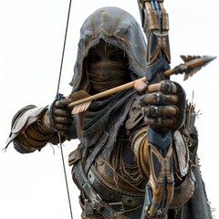 Naklejka premium a statue of a man dressed in armor holding a bow and arrow, transparent background png