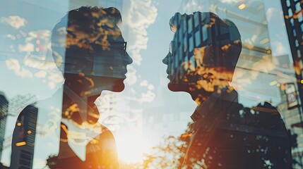 Double exposure of two young businessmen conversing, highlighting the dynamics of partnership