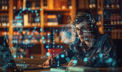 A person is working on a computer in a library, surrounded by digital graphics representing data analysis or virtual connectivity in a technology-focused environment.