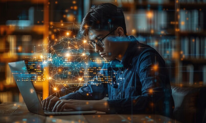 A person is intently working on a laptop with a digital overlay of network connections, symbolizing global communication or data technology concept.