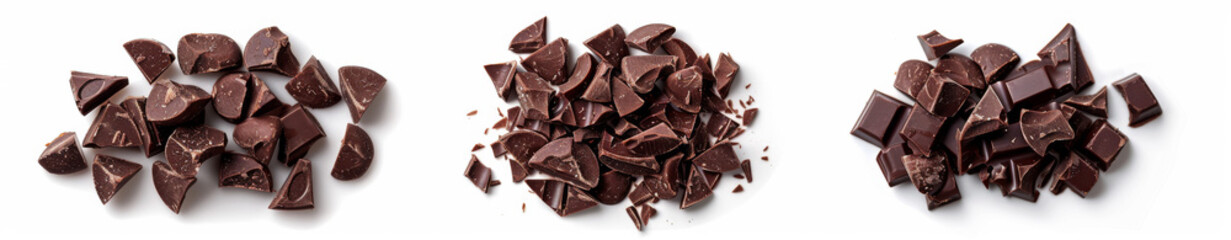 Set of three piles or groups of dark chocolate chips isolated on a white background, in a top view. The first pile is made from finely sliced and cubed pieces of premium chocolates.