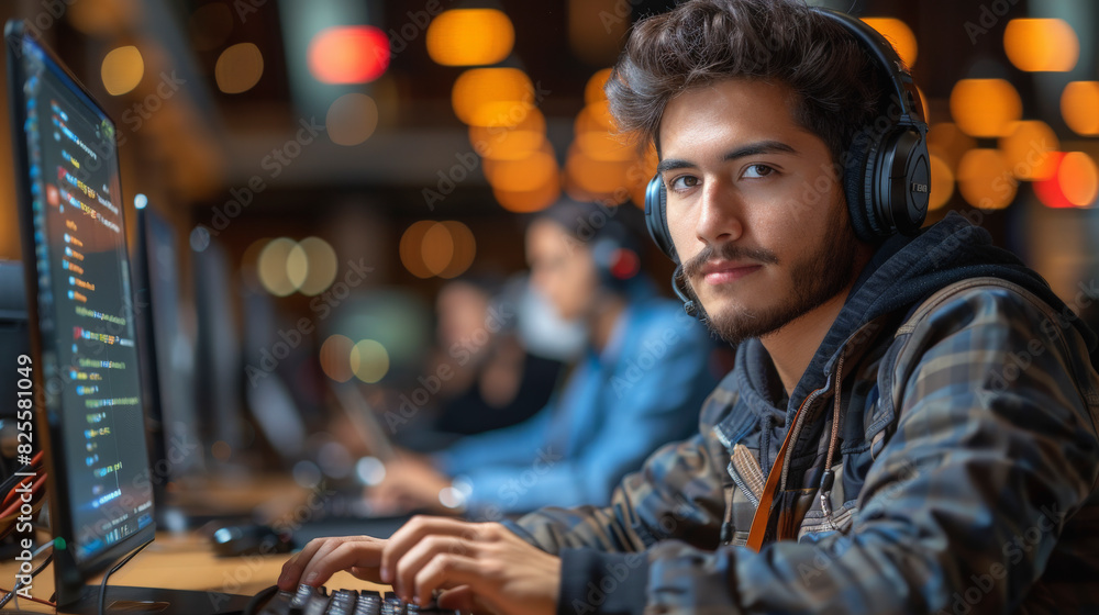 Aufkleber a young man wearing headphones focused on coding on a multi-monitor computer setup, with other profe
