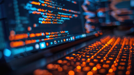 A close-up of a computer code on a monitor with a glowing orange-backlit keyboard, indicating a work environment focused on software development or cybersecurity.