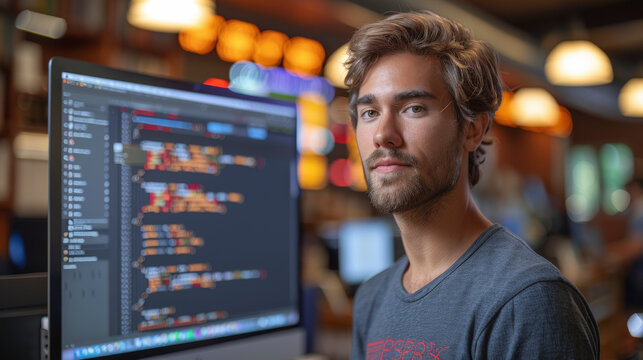 A young man in a casual grey T-shirt in front of a computer displaying code, possibly a software developer or programmer in a workspace.