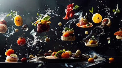 Floating delicacies arranged in a visually stunning composition, offering a feast for both the eyes and palate