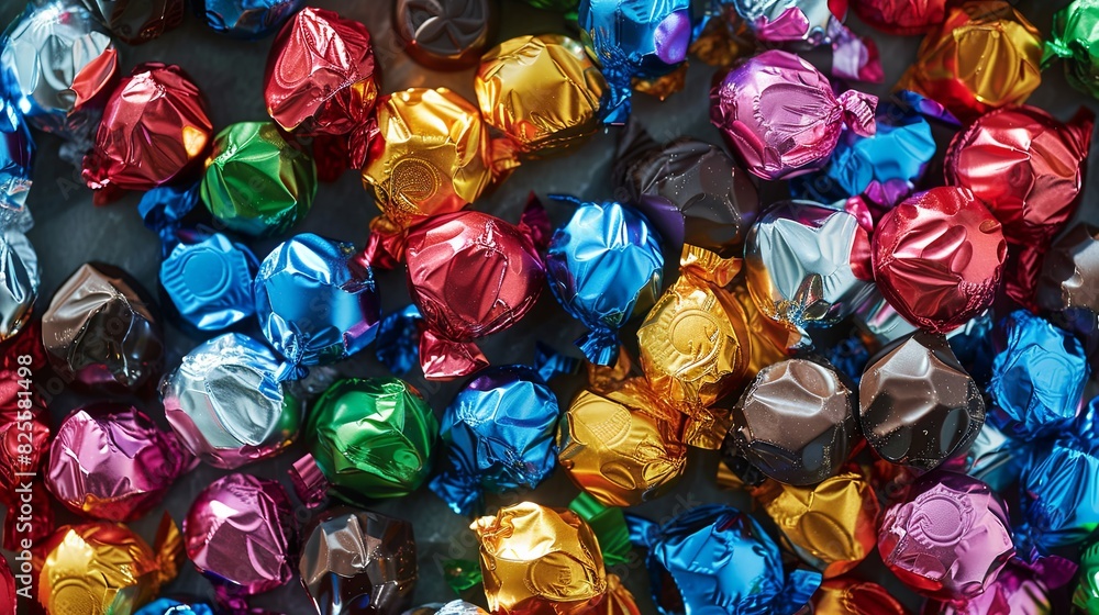 Poster assorted colorful chocolate candies close up, vibrant colors and shiny wrappers. generative ai
