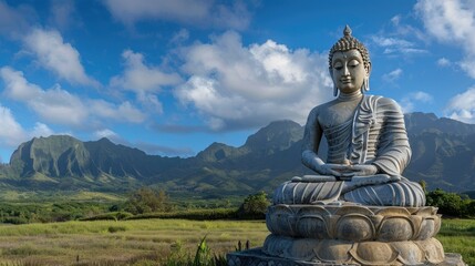 Obraz premium High-angle photo of a Buddha statue in a peaceful setting, with mountains and blue sky in the background