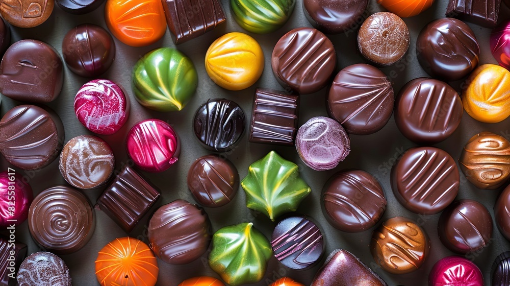 Poster Many different types of colorful chocolates with shiny wrappers spread out, showcasing a variety of flavors and textures. Generative AI