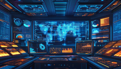 Fototapeta premium A futuristic control room with multiple high-tech screens displaying various data, maps, and graphs, suggesting advanced monitoring or command center capabilities.