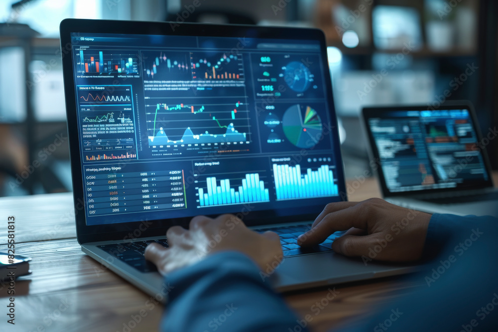 Poster person analyzing financial data charts on a laptop screen with additional data displayed on suppleme