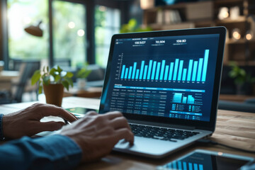 A person analyzes financial data on a laptop with bar graphs on the screen, indicating a business or investment activity in a home office setting.