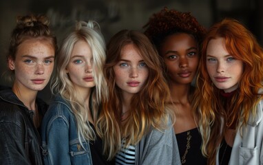 Fototapeta premium Portrait of five beautiful women with different hair colors and skin tones. AI.