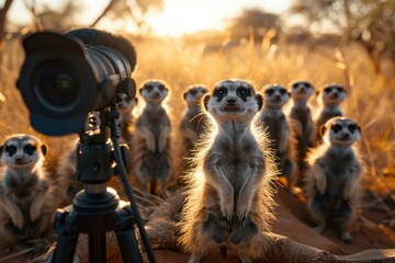 A group of curious meerkats standing on the ground and on a tripod, looking at the camera. AI. - Powered by Adobe