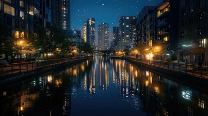 Nighttime reflections of illuminated buildings on a quiet river, creating a mirror-like effect