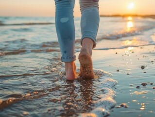 Close-up of a person walking barefoot on a beach at sunset. AI. - Powered by Adobe