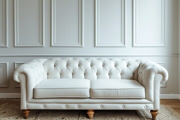 White Tufted Sofa Couch Mid-Century Modern Living Room Blank Empty Wall Copy Space.