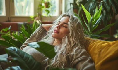 Fototapeta premium A young woman relaxing on a couch in a room full of plants. AI.