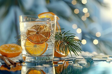 Refreshing drink with orange slices in a glass, surrounded by a summery, bokeh backdrop