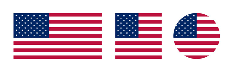 USA flag vector icon set. American flag vector sign in round and square set. Flag of US icon in circle