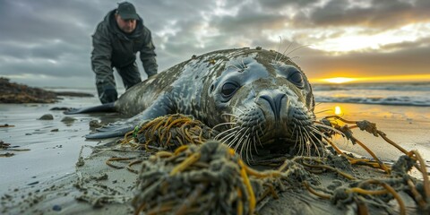 A seal pup is rescued from a fishing net by a wildlife conservationist. AI.
