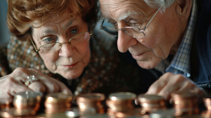 An elderly couple intently examines a collection of coins, possibly assessing their value or reminiscing on the stories each coin might hold.