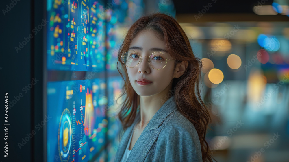 Poster a woman wearing glasses standing in front of a digital screen displaying colorful analytical data ch