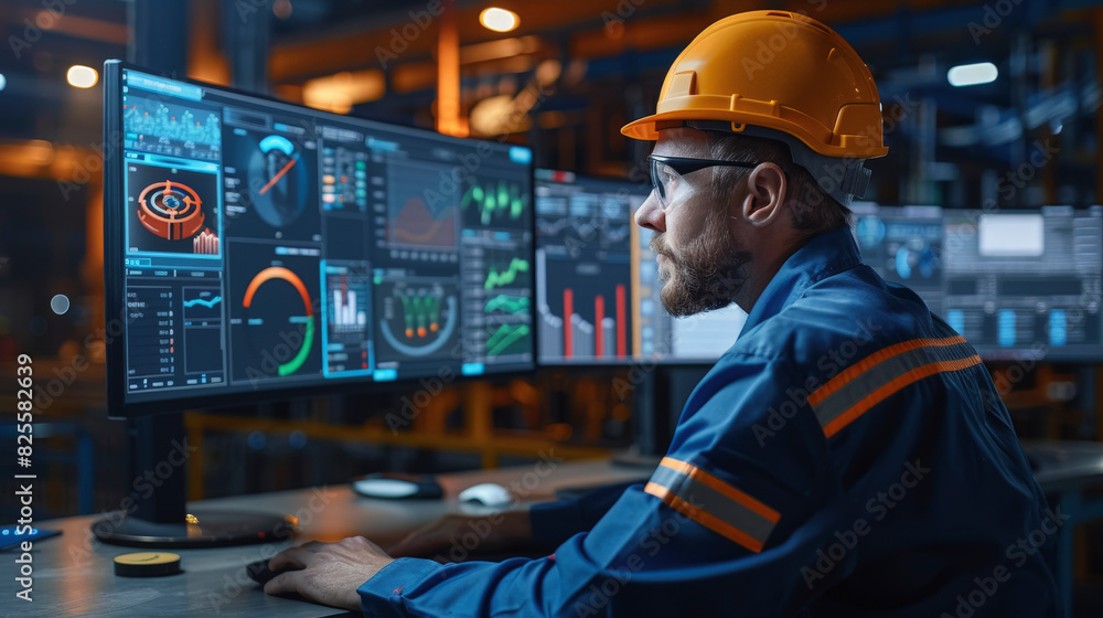 Poster a worker in a safety helmet analyzes data on multiple computer screens in an industrial control room