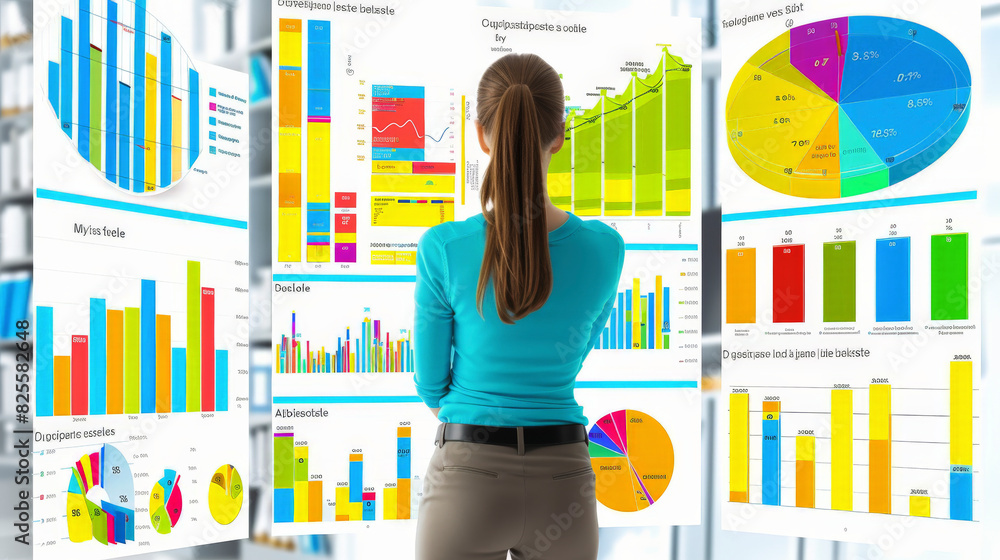 Poster a woman in a blue top is analyzing a variety of colorful statistical data charts and graphs on a whi
