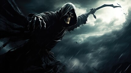 Obraz premium The Grim Reaper: a personification of mortality, this spectral being, dressed in black, represents the finality of death and the universal journey that every soul has to make