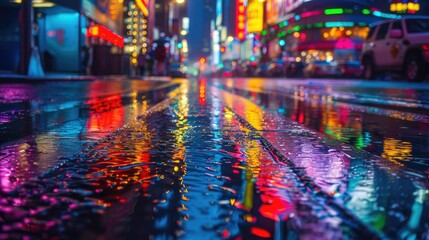 Reflections of colorful neon lights on wet streets during a rainy night in the city