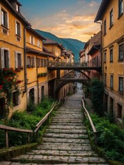 A narrow street with a steep staircase and a bridge in a small European town. AI.