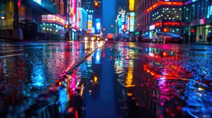 Reflections of colorful neon lights on wet streets during a rainy night in the city