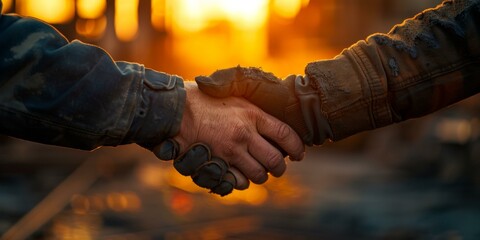 Two construction workers shaking hands over a completed project. AI.