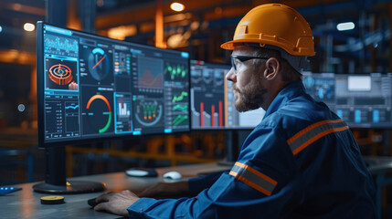 A worker in a safety helmet analyzes data on multiple computer screens in an industrial control room setting during a night shift.