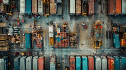 Top view of a container terminal with many containers and trucks. AI.