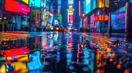 Reflections of colorful neon lights on wet streets during a rainy night in the city