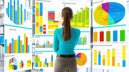 A woman in a blue top is analyzing a variety of colorful statistical data charts and graphs on a whiteboard in an office setting.