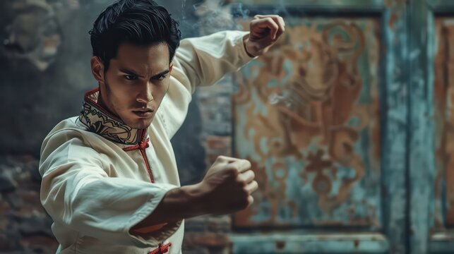 Fashionably dressed man, practicing kung fu, one hand stretched forward, one hand on his chest