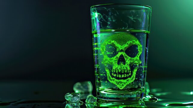 Glass of poison and nuclear polluted water isolated on black, fluorescence radiation effect
