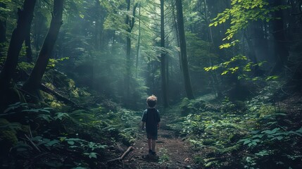 Obraz premium Child was lost in the forest. Little boy lost his way in the forest. A child walks through the green forest alone. Kid looks at into distance at green forest.