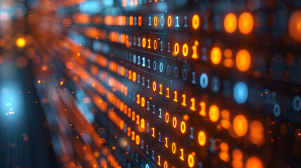 A digital abstract concept of data visualization representing binary code with ones and zeros in orange and blue tones, implying technology and information processing.