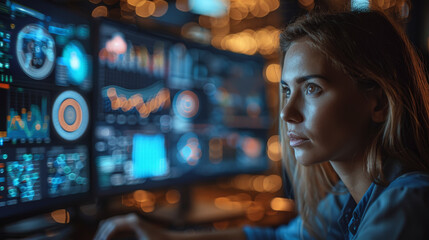 A woman concentrating on analyzing data on multiple futuristic screens with digital graphs and interface elements. Focus on data-driven decision-making in a high-tech environment.