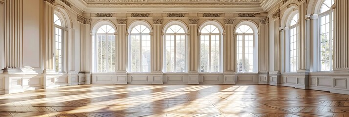 Fototapeta premium Bright and airy room with vintage styling, large windows, and a parquet floor. Generative AI