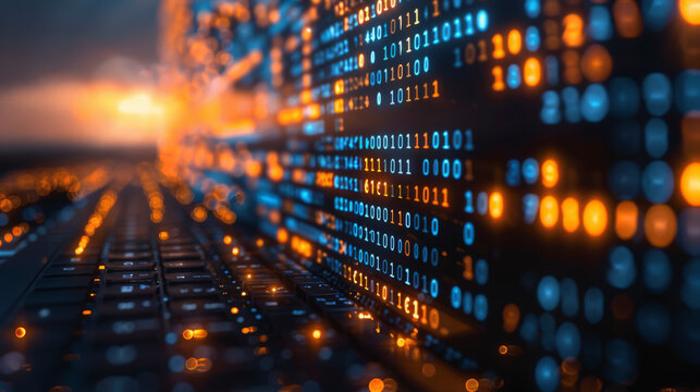 Abstract concept of digital data stream with binary code on a backdrop of a blurred server room, representing technology, data processing, and cybersecurity themes.