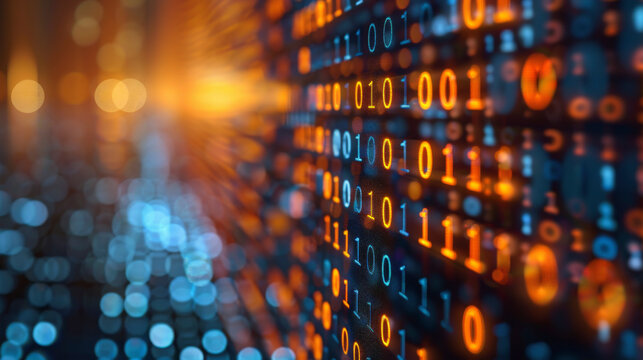 Digital binary code with a glowing effect representing data, cybersecurity, information technology, or the concept of digital transformation or artificial intelligence.