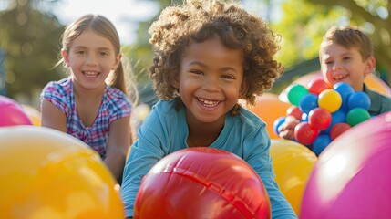 Smiling children playing with inflatable balls, promoting outdoor play and social interaction