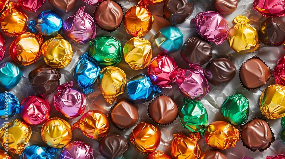 Aufkleber Close up view of vibrant and shiny assorted chocolates in various colors spread out. Generative AI